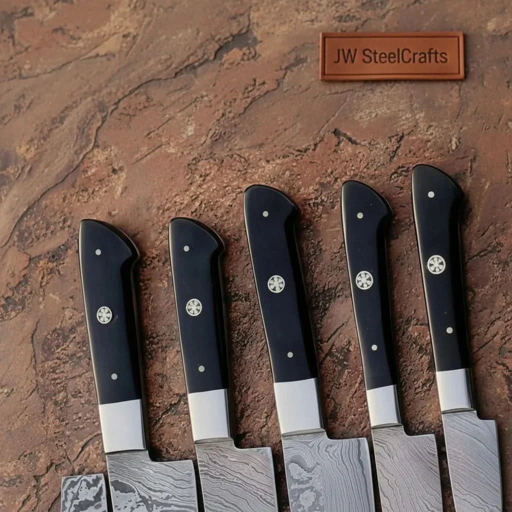 Hammer-Forged Damascus 7-Piece Carving &amp; Slicer Knife Set — with Black Resin Handles