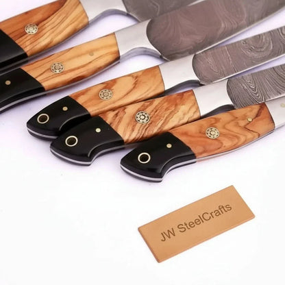 Handmade Damascus Knife Set, Olive Wood &amp; Resin Handle