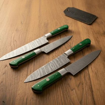 6-Piece Damascus Kitchen Knife Set with Green Wood Handle - Professional Cooking Collection