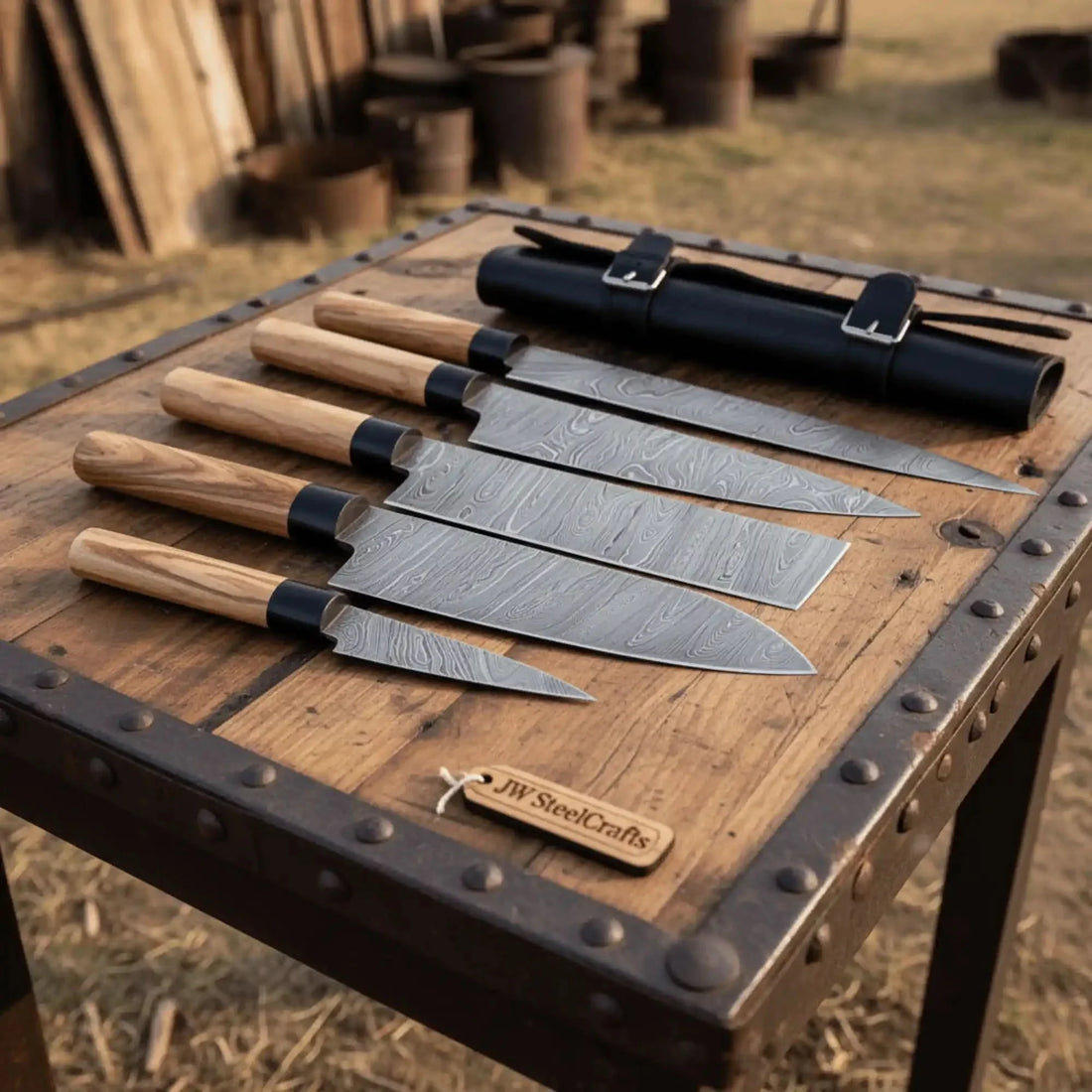 4-Piece Damascus Knife Set Olive Wood Wa Handle &amp; Black Leather Roll