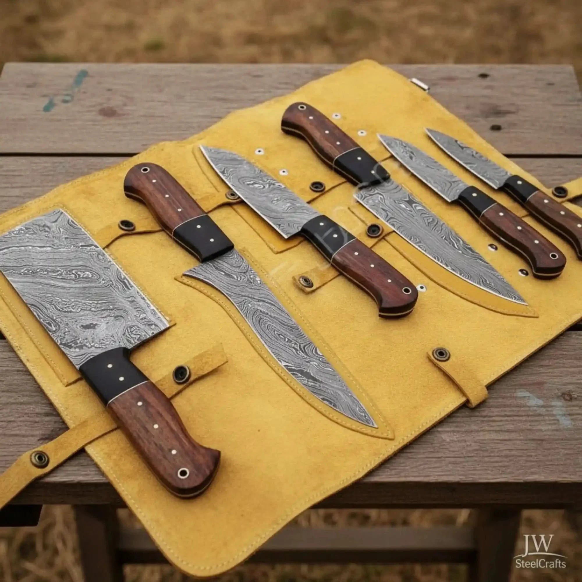 6-Piece Damascus Kitchen Set: Cleaver, Chef, Utility &amp; Skinner Blades with Rosewood Handles