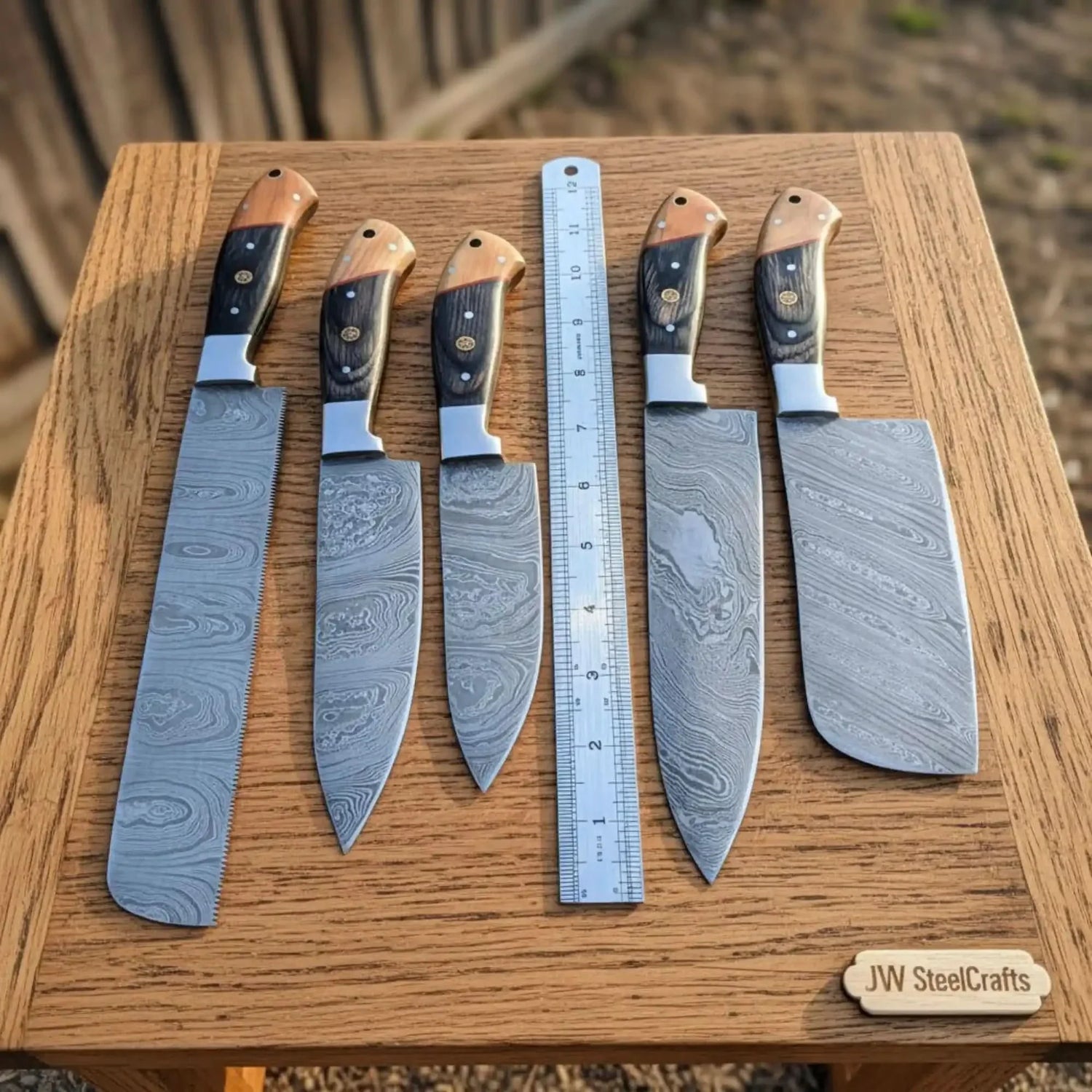 Damascus Multi-Blade Chef Knife Set with Olive Wood &amp; Black Pakka Wood Handles