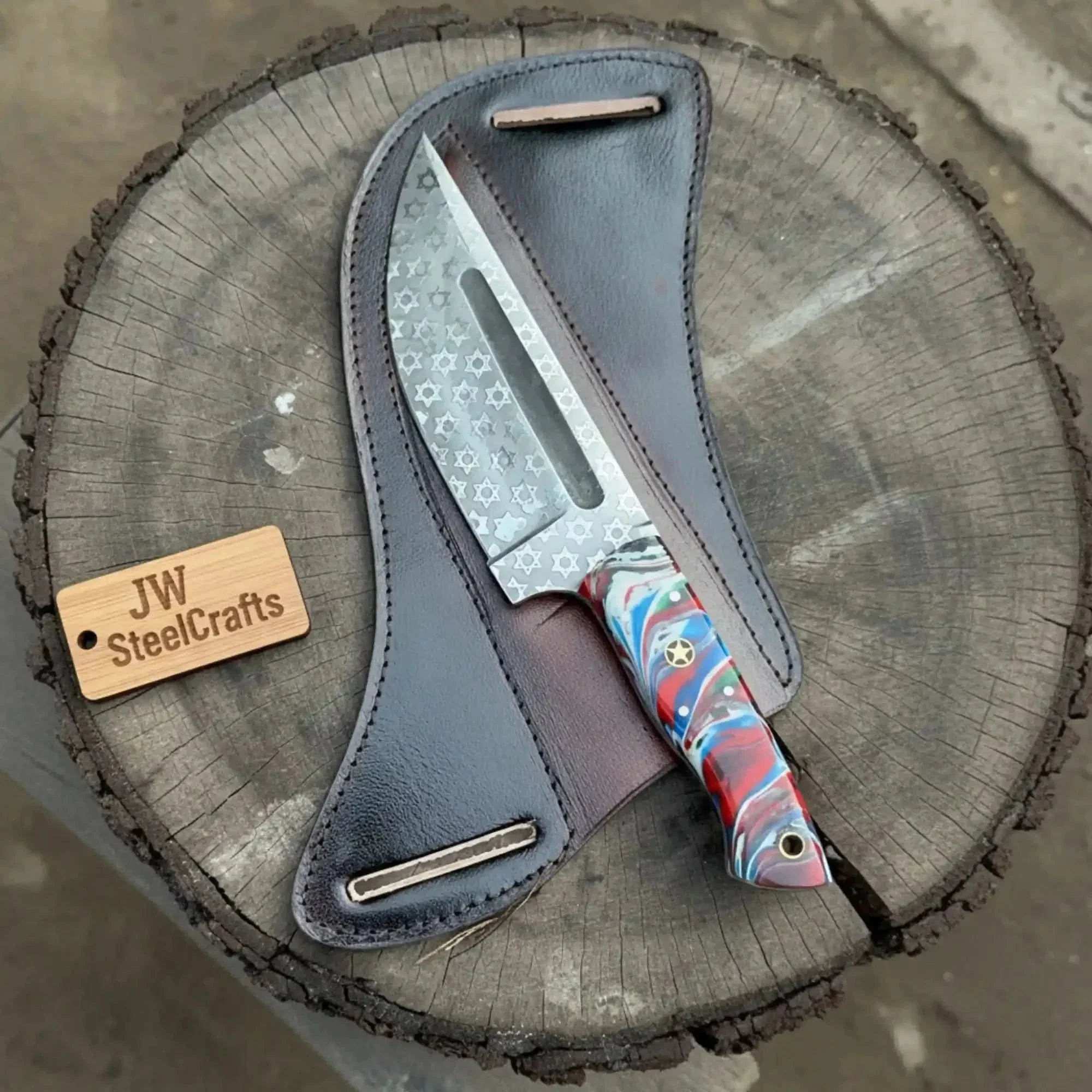 Serbian Utility Knife 9” – Etched Blade with Resin Handle &amp; Pancake Leather Sheath