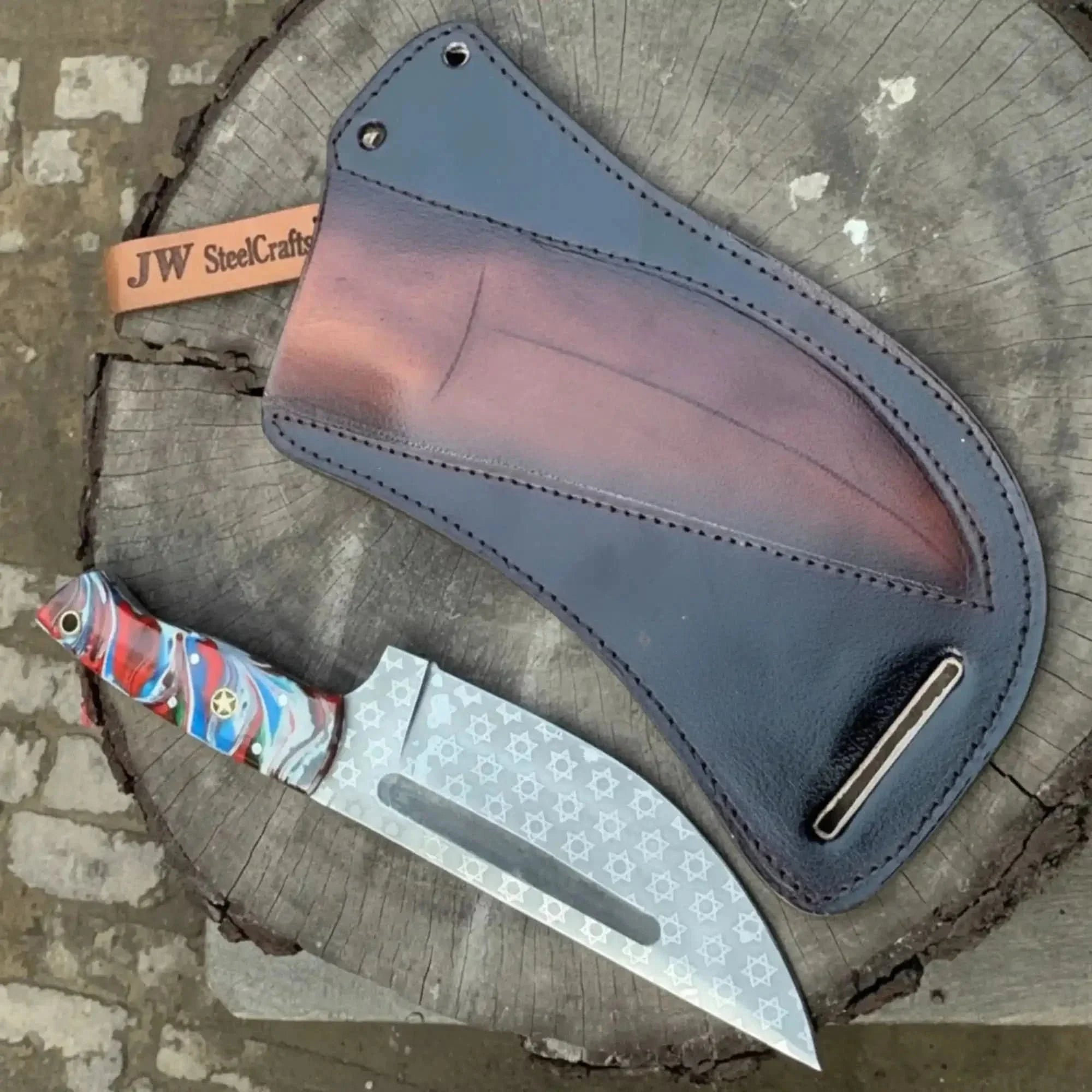 Serbian Utility Knife 9” – Etched Blade with Resin Handle &amp; Pancake Leather Sheath