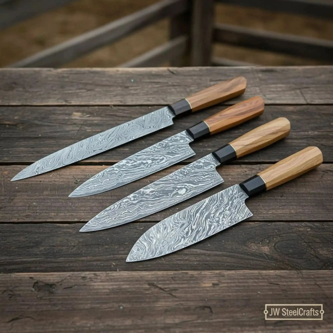 4-Piece Damascus Sujihiki, Gyuto, Santoku &amp; Nakiri Set – Olive Wood Wa Handle