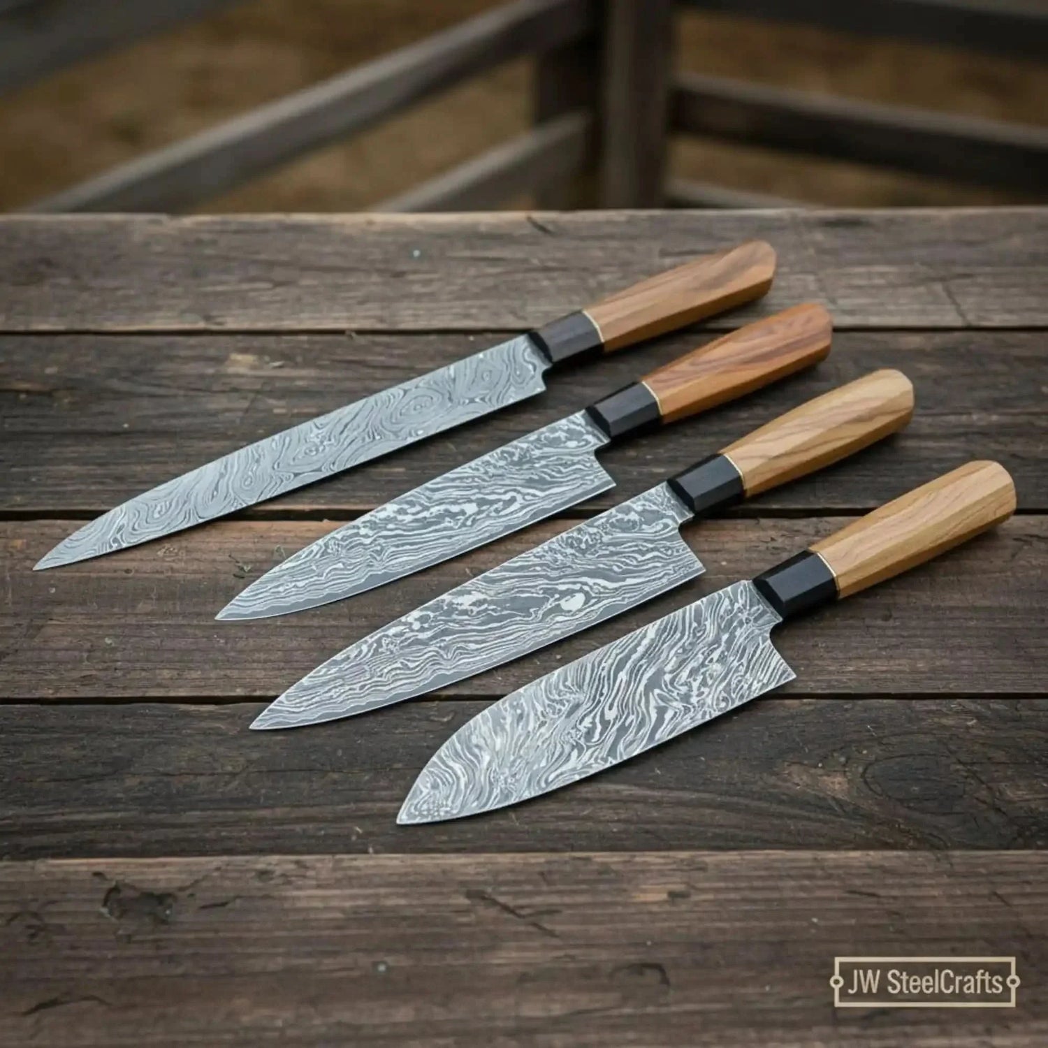 4-Piece Damascus Sujihiki, Gyuto, Santoku &amp; Nakiri Set – Olive Wood Wa Handle