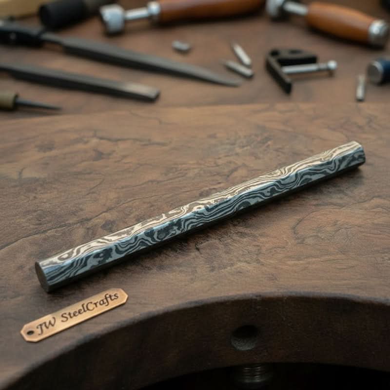 Damascus Steel Rod for Ring Making 10 Inch Round Damascus Bar Handmade Pattern Steel