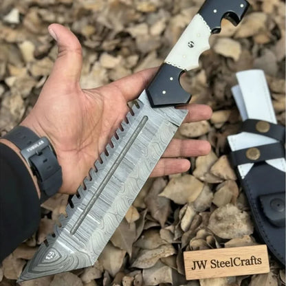 Damascus Steel Tracker Knife with Dual-Tone Bone &amp; Black Handle | Handmade Leather Sheath