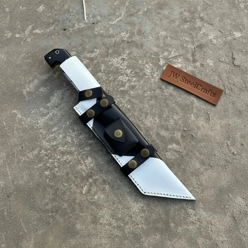 Damascus Steel Tracker Knife with Dual-Tone Bone &amp; Black Handle | Handmade Leather Sheath