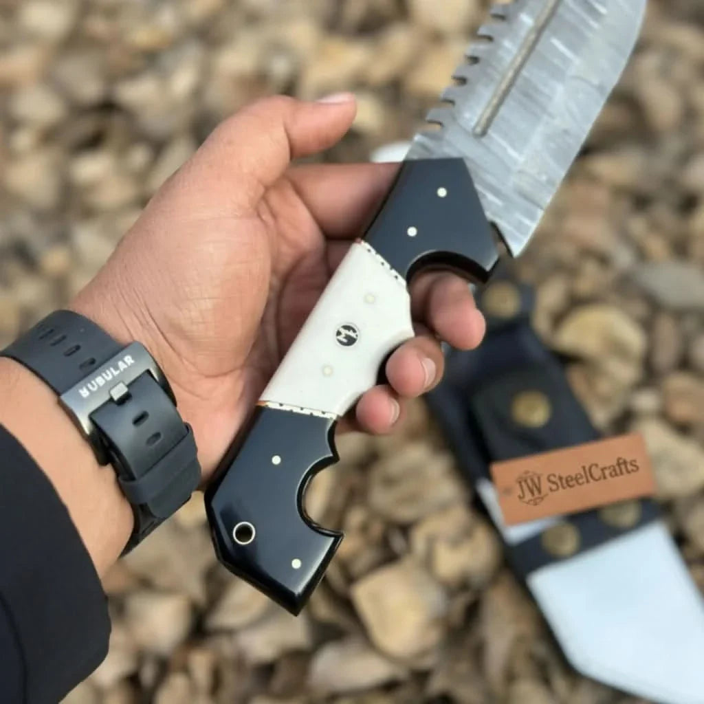 Damascus Steel Tracker Knife with Dual-Tone Bone &amp; Black Handle | Handmade Leather Sheath