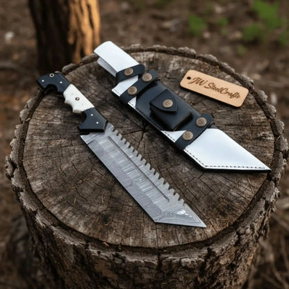 Damascus Steel Tracker Knife with Dual-Tone Bone &amp; Black Handle | Handmade Leather Sheath
