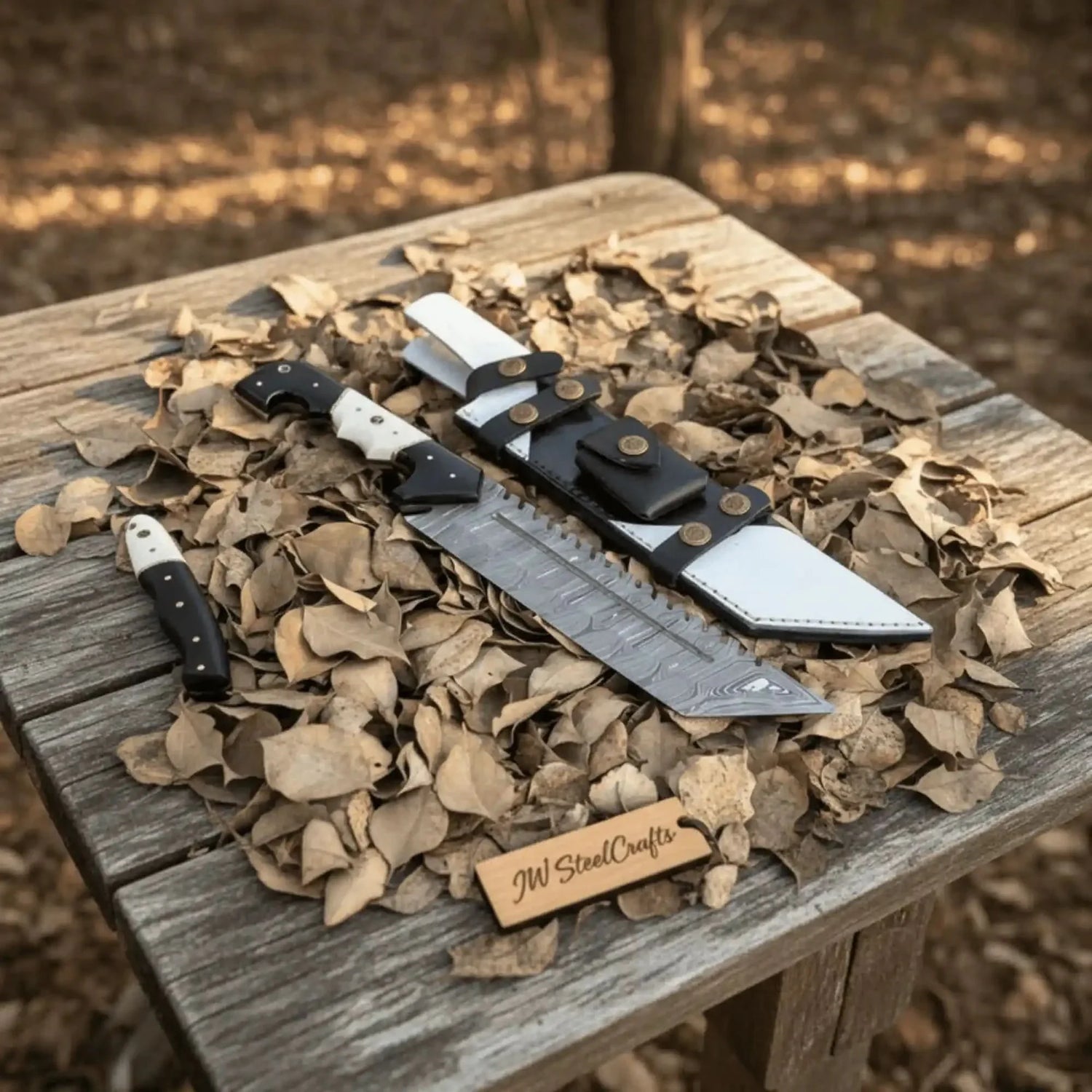 Damascus Steel Tracker Knife with Dual-Tone Bone &amp; Black Handle | Handmade Leather Sheath