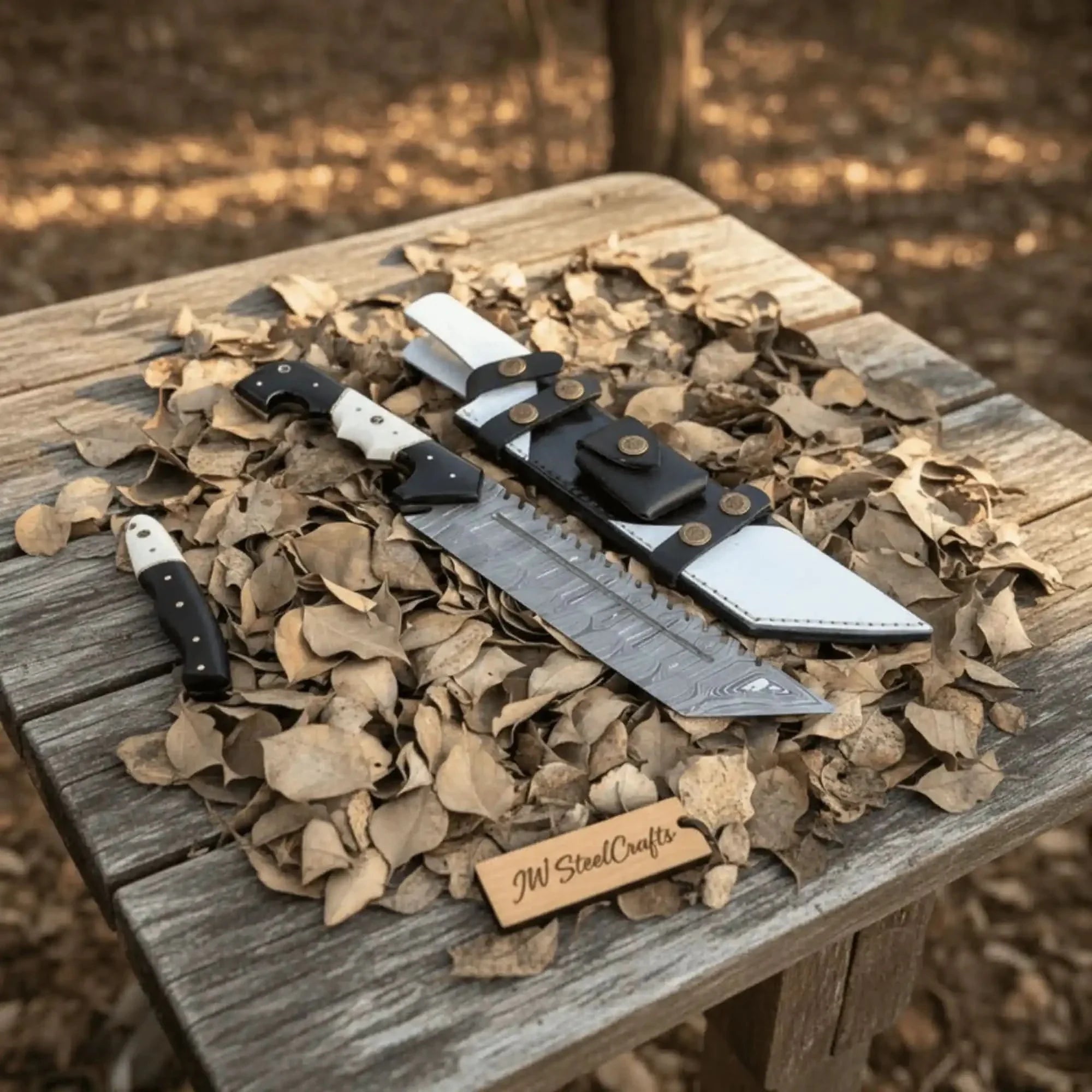 Damascus Steel Tracker Knife with Dual-Tone Bone &amp; Black Handle | Handmade Leather Sheath