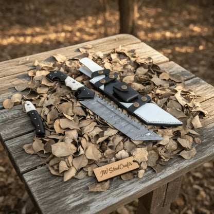 Damascus Steel Tracker Knife with Dual-Tone Bone &amp; Black Handle | Handmade Leather Sheath
