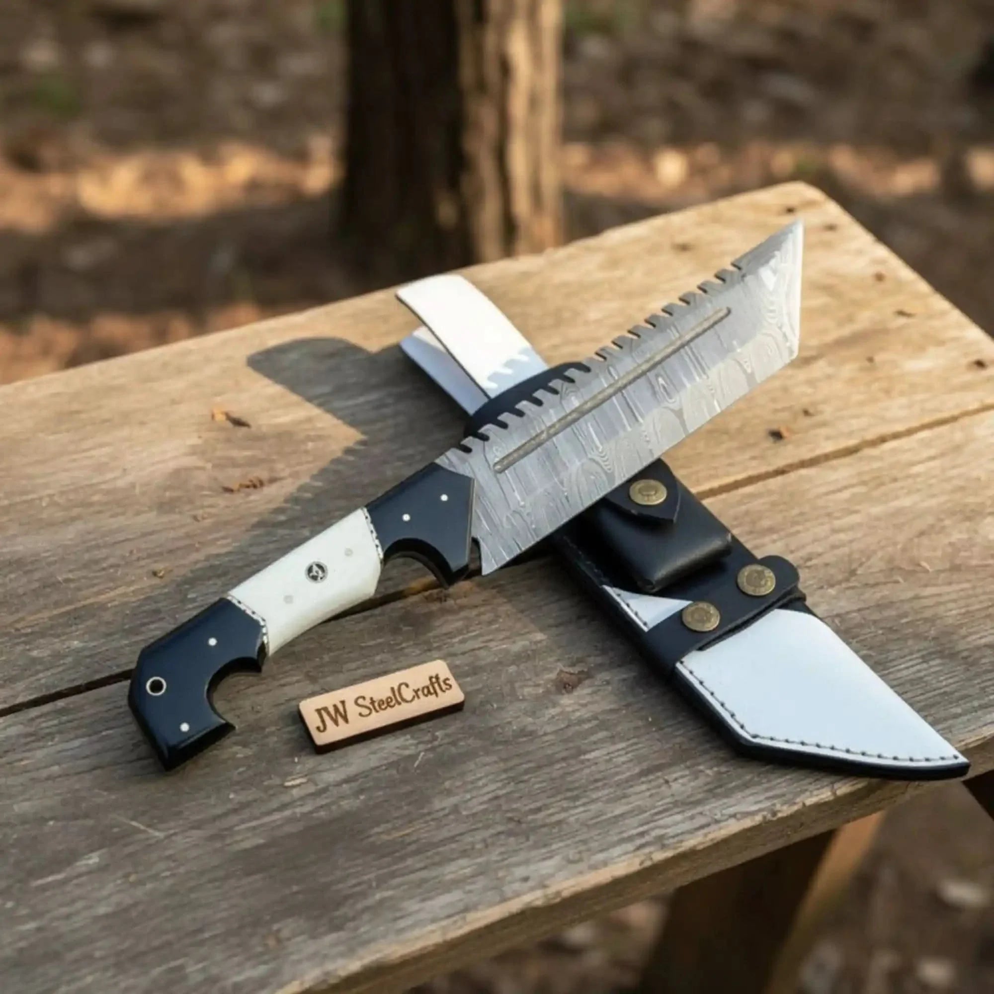 Damascus Steel Tracker Knife with Dual-Tone Bone &amp; Black Handle | Handmade Leather Sheath