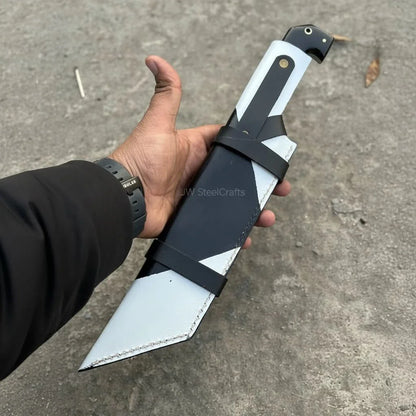 Damascus Steel Tracker Knife with Dual-Tone Bone &amp; Black Handle | Handmade Leather Sheath