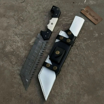 Damascus Steel Tracker Knife with Dual-Tone Bone &amp; Black Handle | Handmade Leather Sheath