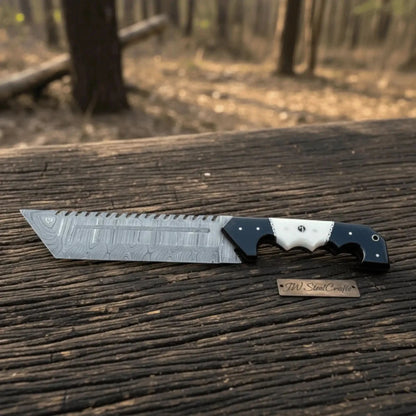 Damascus Steel Tracker Knife with Dual-Tone Bone &amp; Black Handle | Handmade Leather Sheath