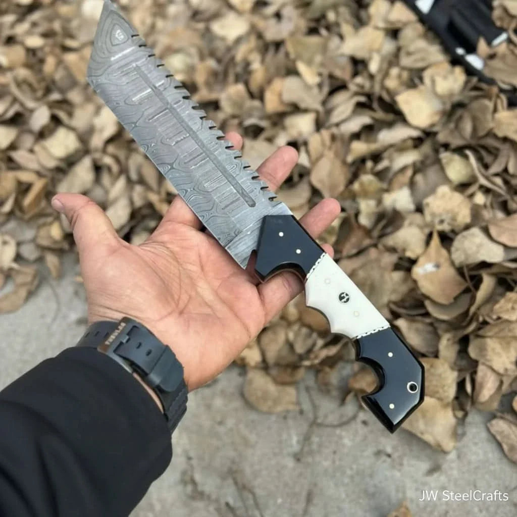 Damascus Steel Tracker Knife with Dual-Tone Bone &amp; Black Handle | Handmade Leather Sheath