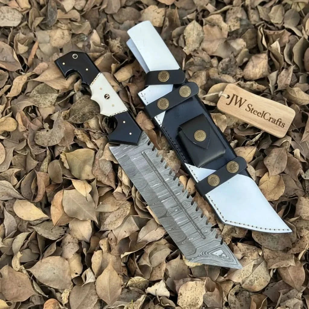 Damascus Steel Tracker Knife with Dual-Tone Bone &amp; Black Handle | Handmade Leather Sheath