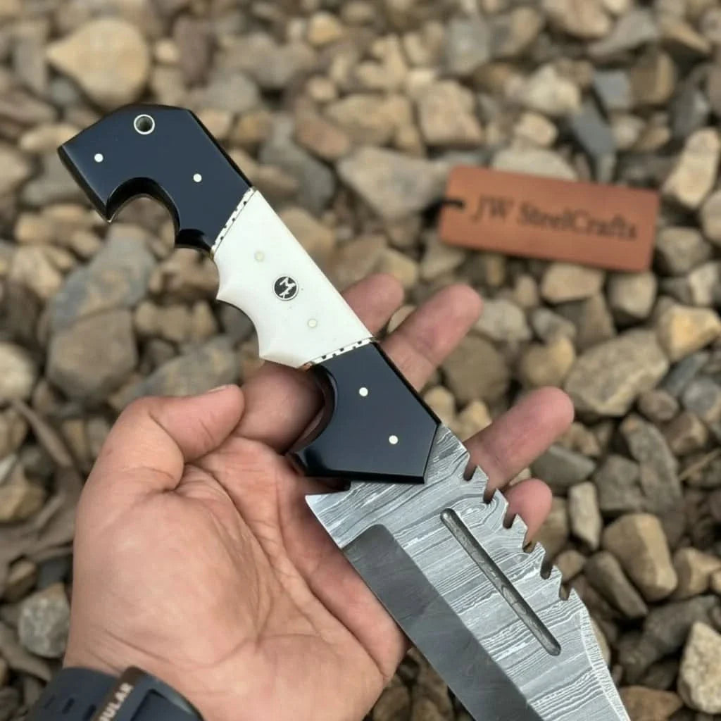 Damascus Steel Tracker Knife with Dual-Tone Bone &amp; Black Handle | Handmade Leather Sheath