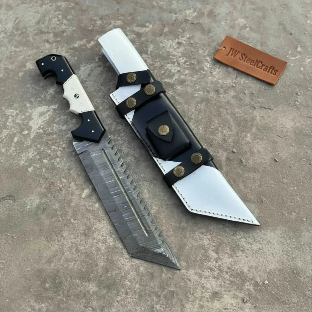 Damascus Steel Tracker Knife with Dual-Tone Bone &amp; Black Handle | Handmade Leather Sheath