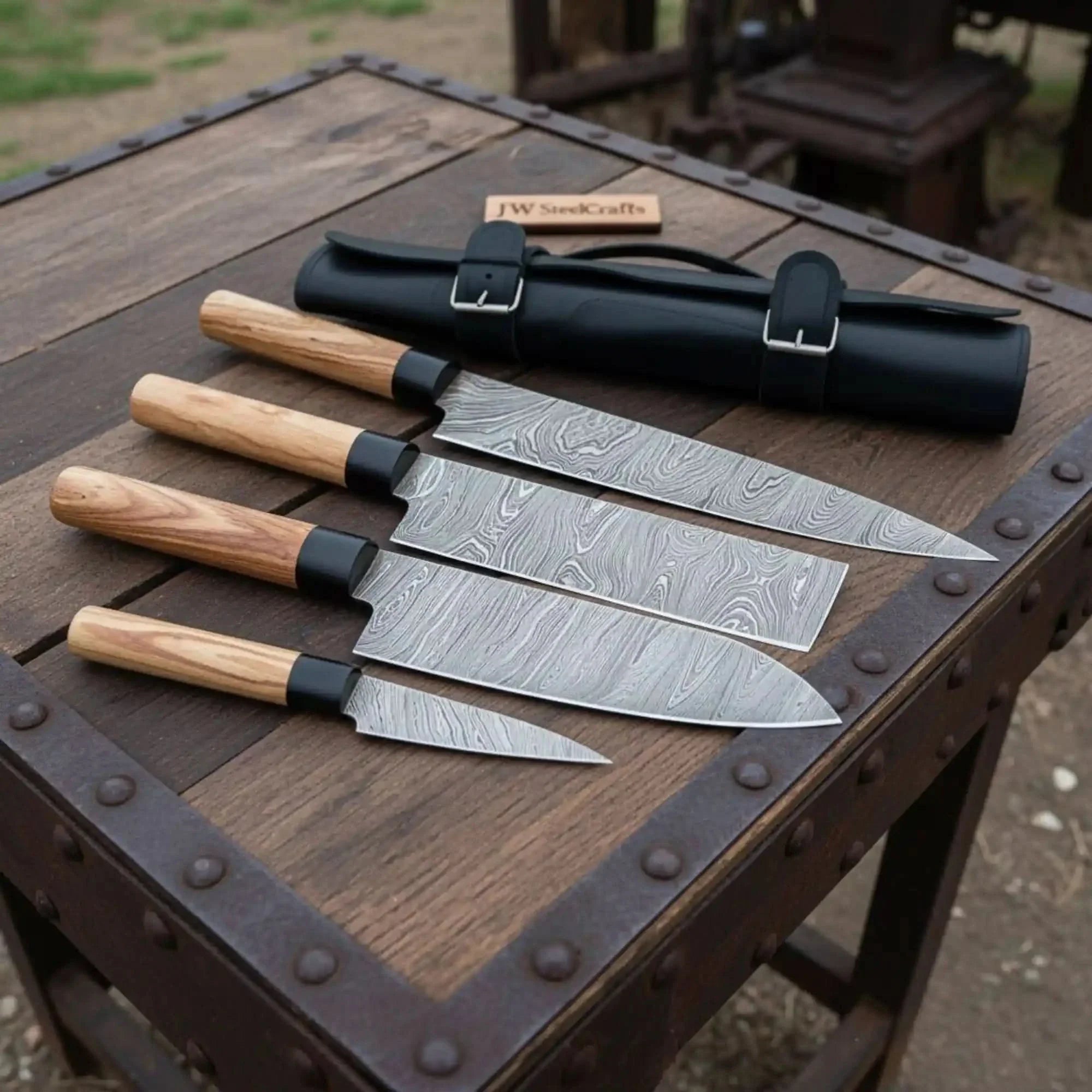 4-Piece Twisted Damascus Kitchen Knife Set — Chef, Nakiri, Slicer &amp; Paring with Olive Wood Wa Handles &amp; Black Leather Roll | JW Steel Crafts