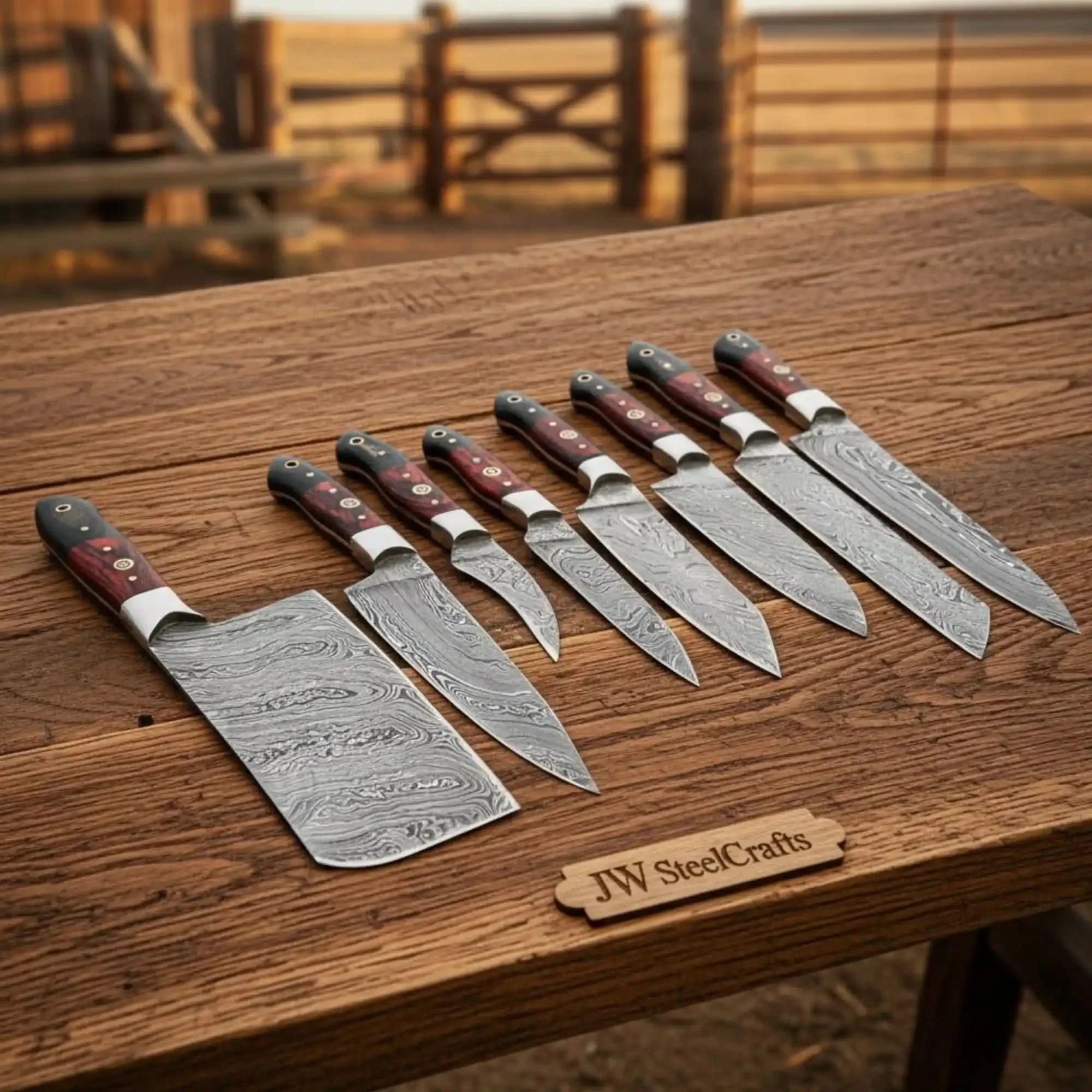 Handmade Damascus Western Chef Knife Set with Cleaver — 8-Piece Damascus Blades