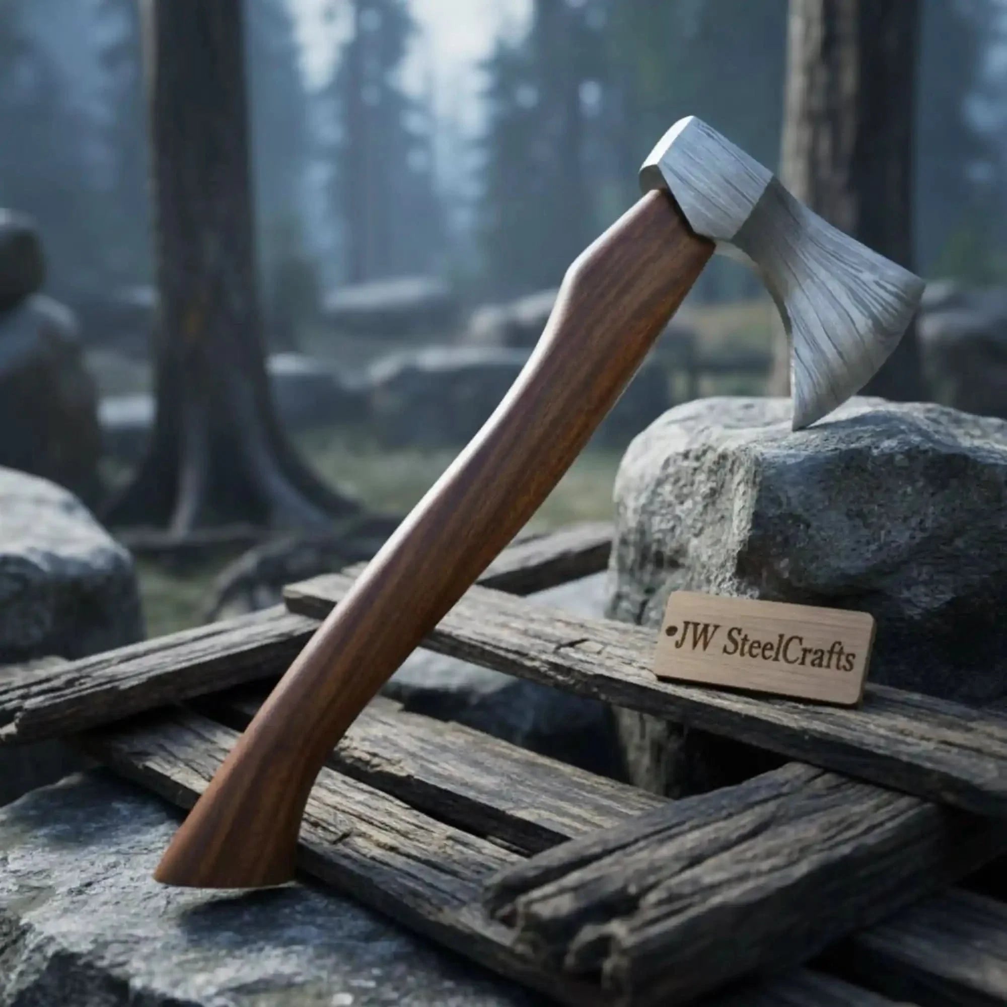 Compact Damascus Steel Camping Axe with Hardwood Handle &amp; Leather Sheath