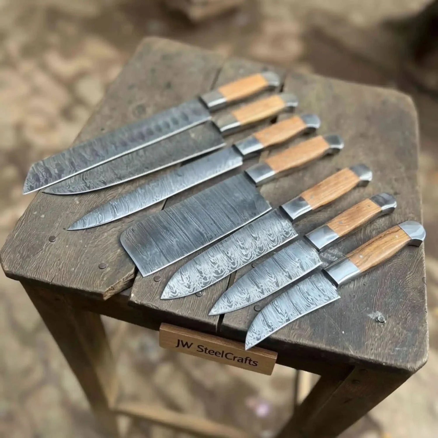 7-Piece Handmade Damascus Chef Knife Set with Wood Handles (Professional Kitchen Set)