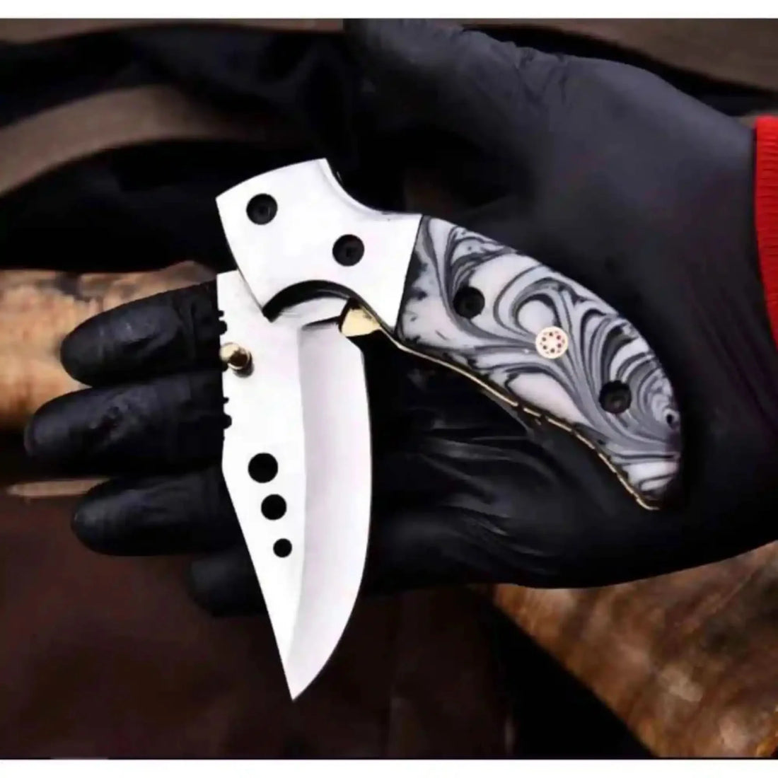 Marble Resin Folding Pocket Knife with Genuine Leather Sheath