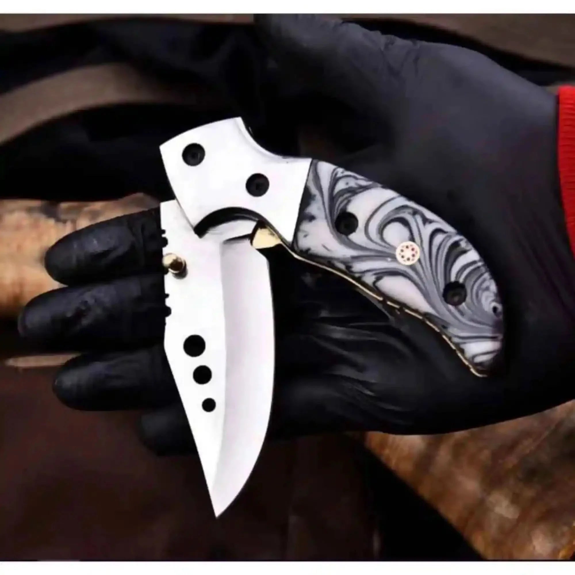 Marble Resin Folding Pocket Knife with Genuine Leather Sheath