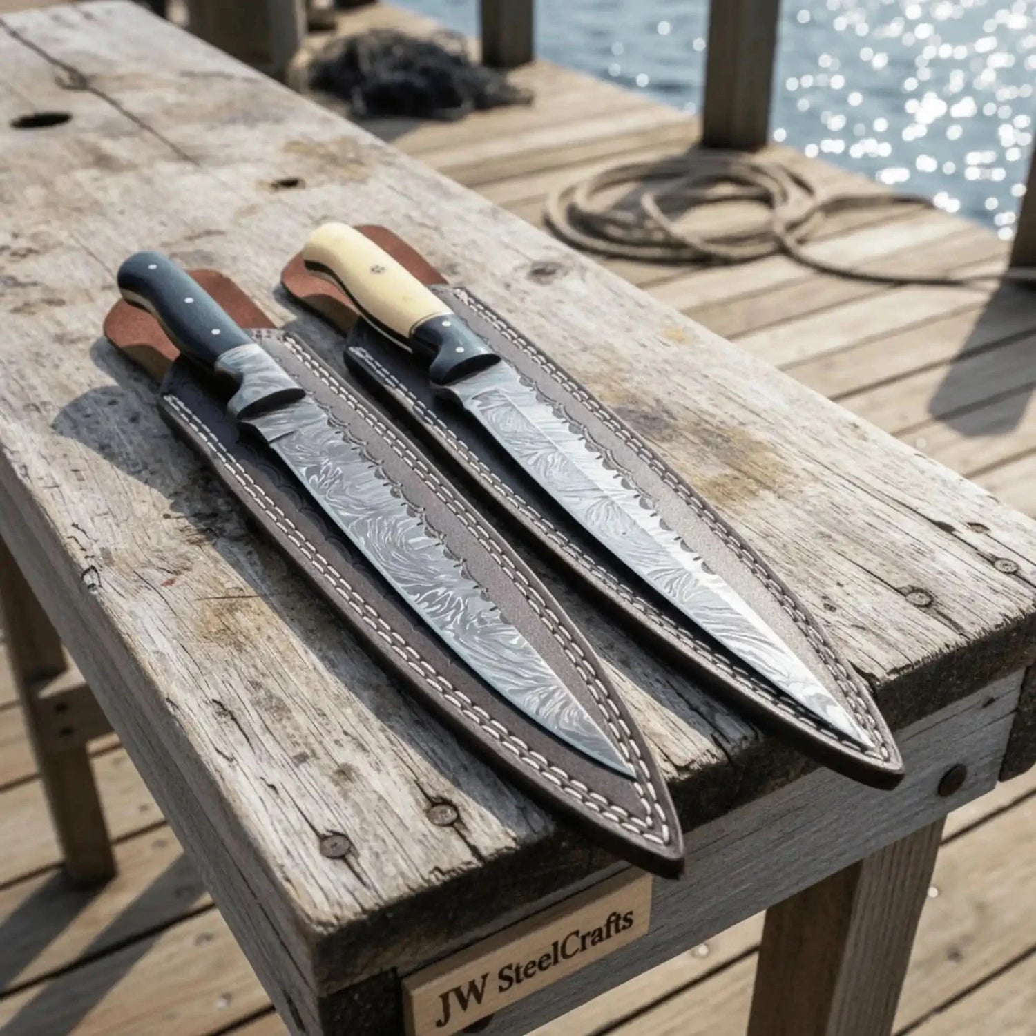 12-Inch Damascus Steel Fillet Knife Set of 2 with Resin Handles &amp; Leather Sheaths