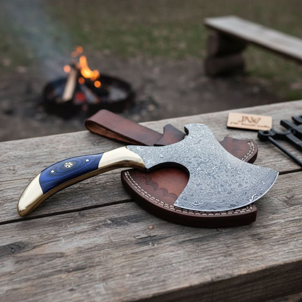 Damascus Steel Bushcraft Axe with Hardwood Handle &amp; Leather Sheath