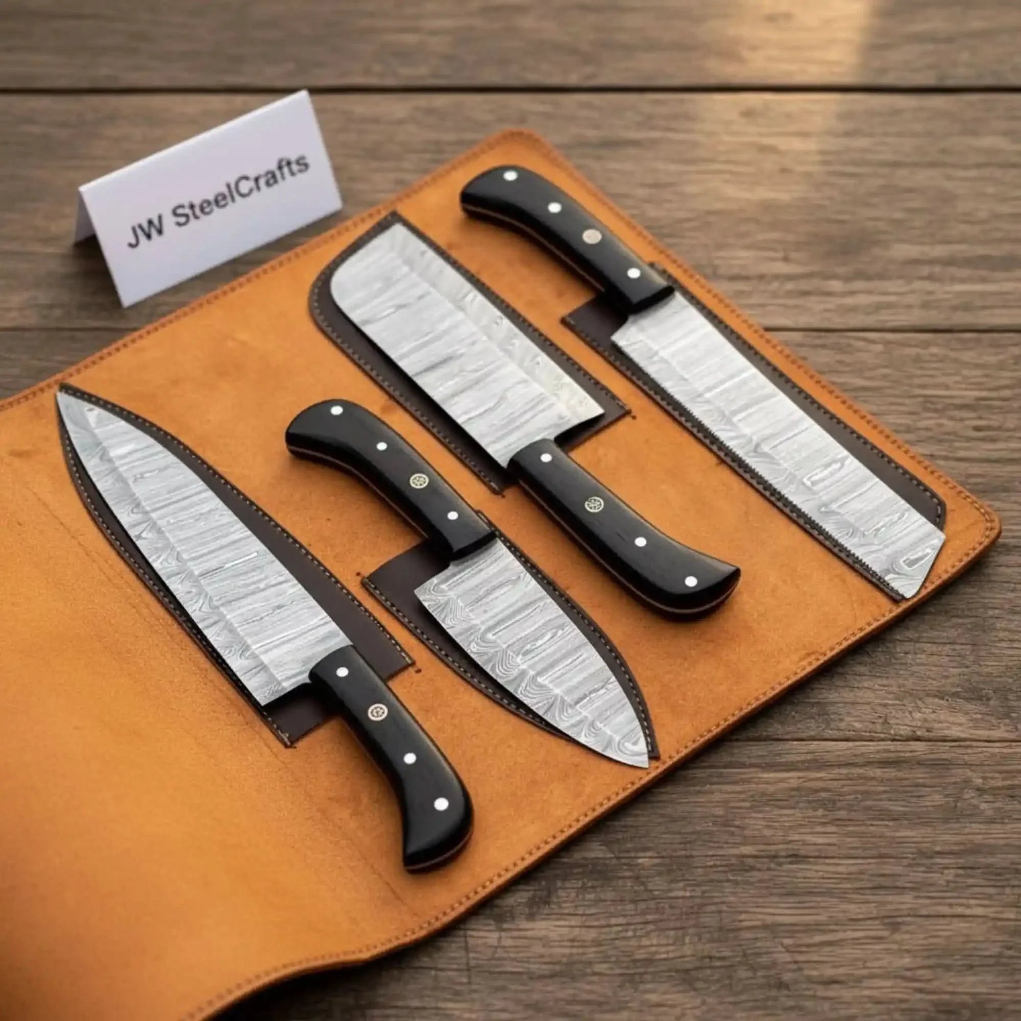 4-Piece Damascus Steel Kitchen Knife Set — Chef, Santoku, Cleaver &amp; Utility