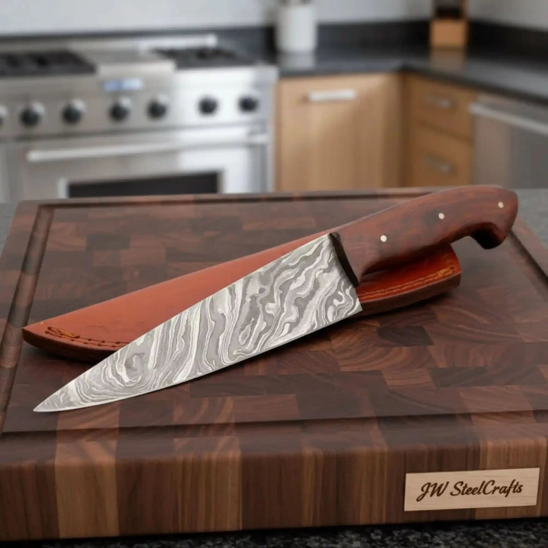 Damascus Chef Knife Set — 10" Chef Knife &amp; 9" Utility Knife with Rosewood Handles and Leather Sheaths
