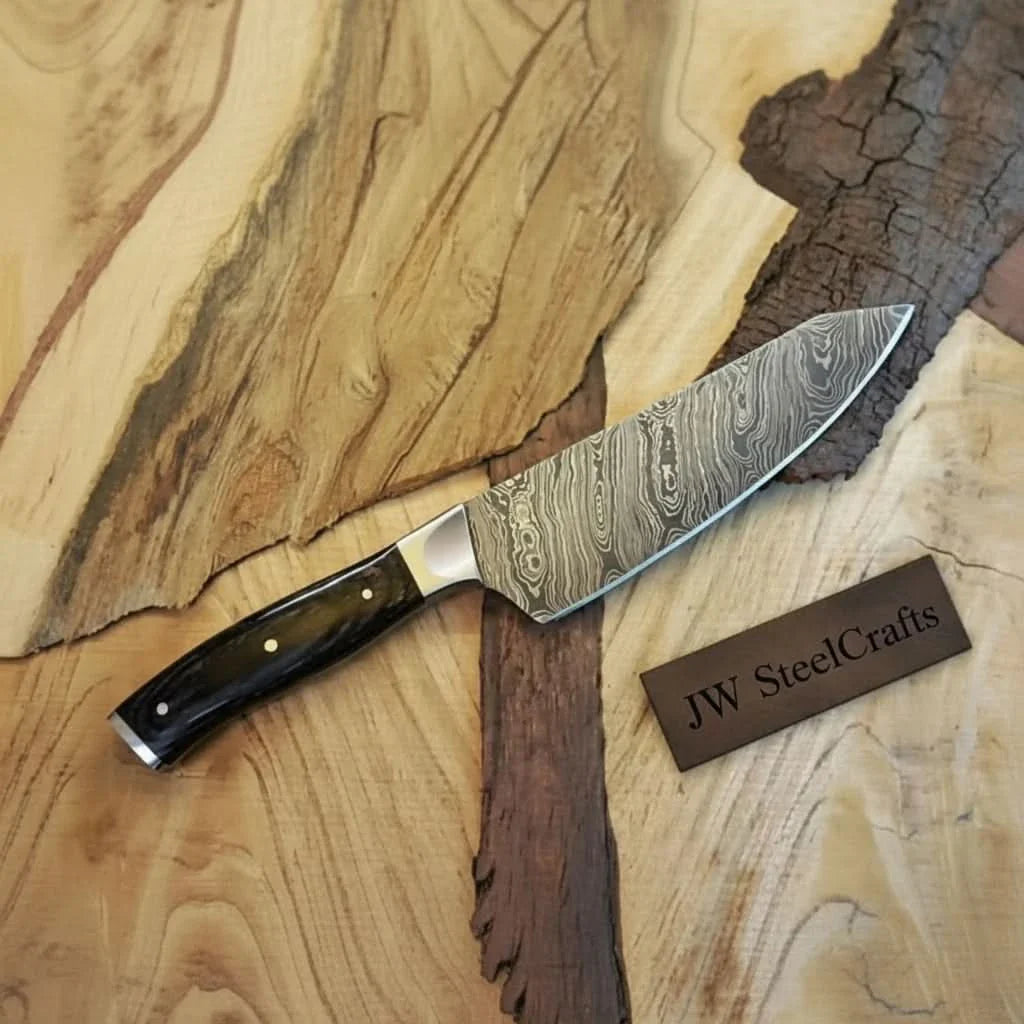 12” Twisted Pattern Damascus Chef Knife with Black Pakka Wood Handle and Steel Bolster &amp; Full Tang
