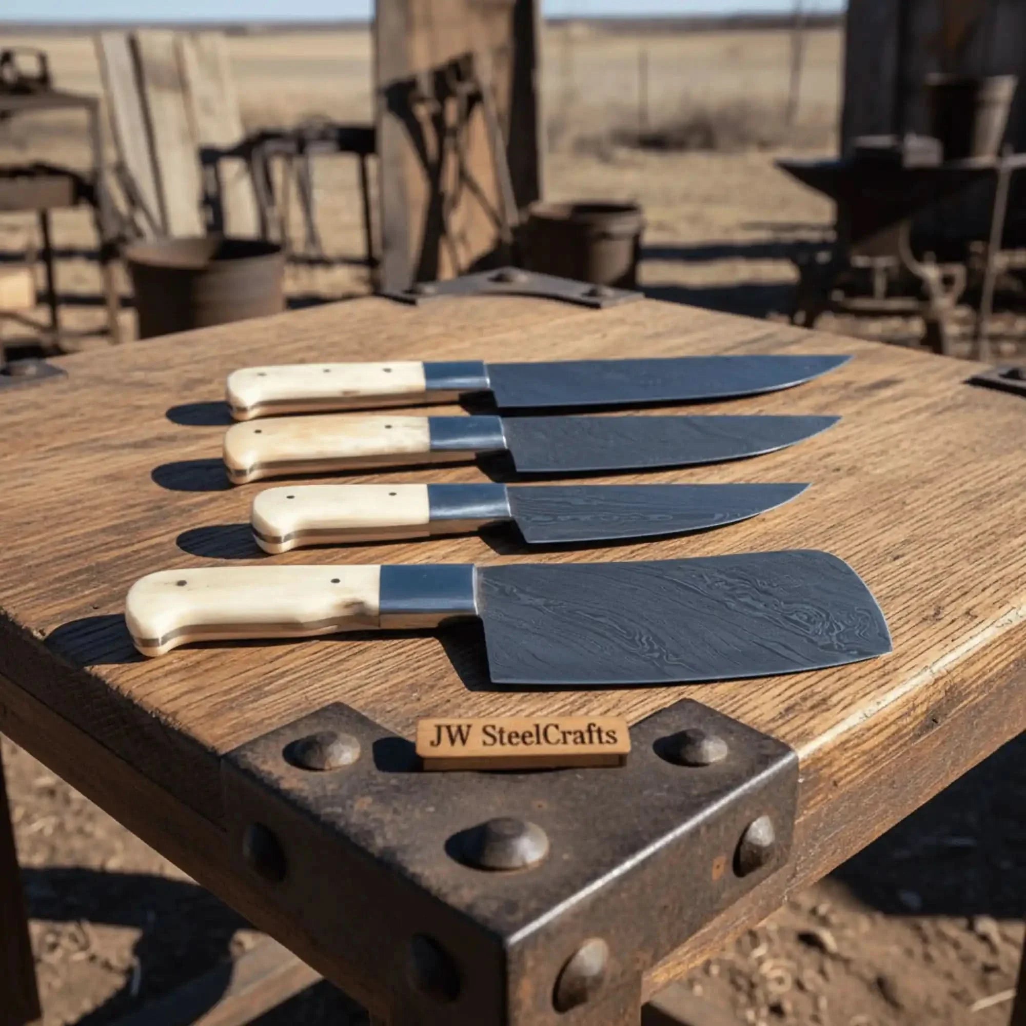 4-Piece Damascus Kitchen Knife Set — Chef, Slicer, Utility &amp; Cleaver with White Camel Bone Handles &amp; Steel Bolsters | JW Steel Crafts