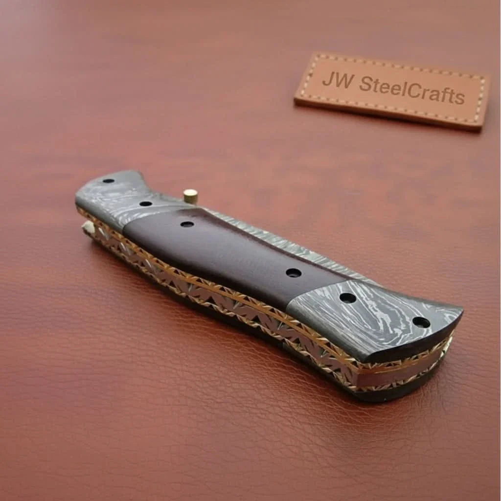 Handmade Damascus Steel Folding Knife – Matte Black Handle with Brass Liner &amp; Thumb Stud | JW SteelCrafts
