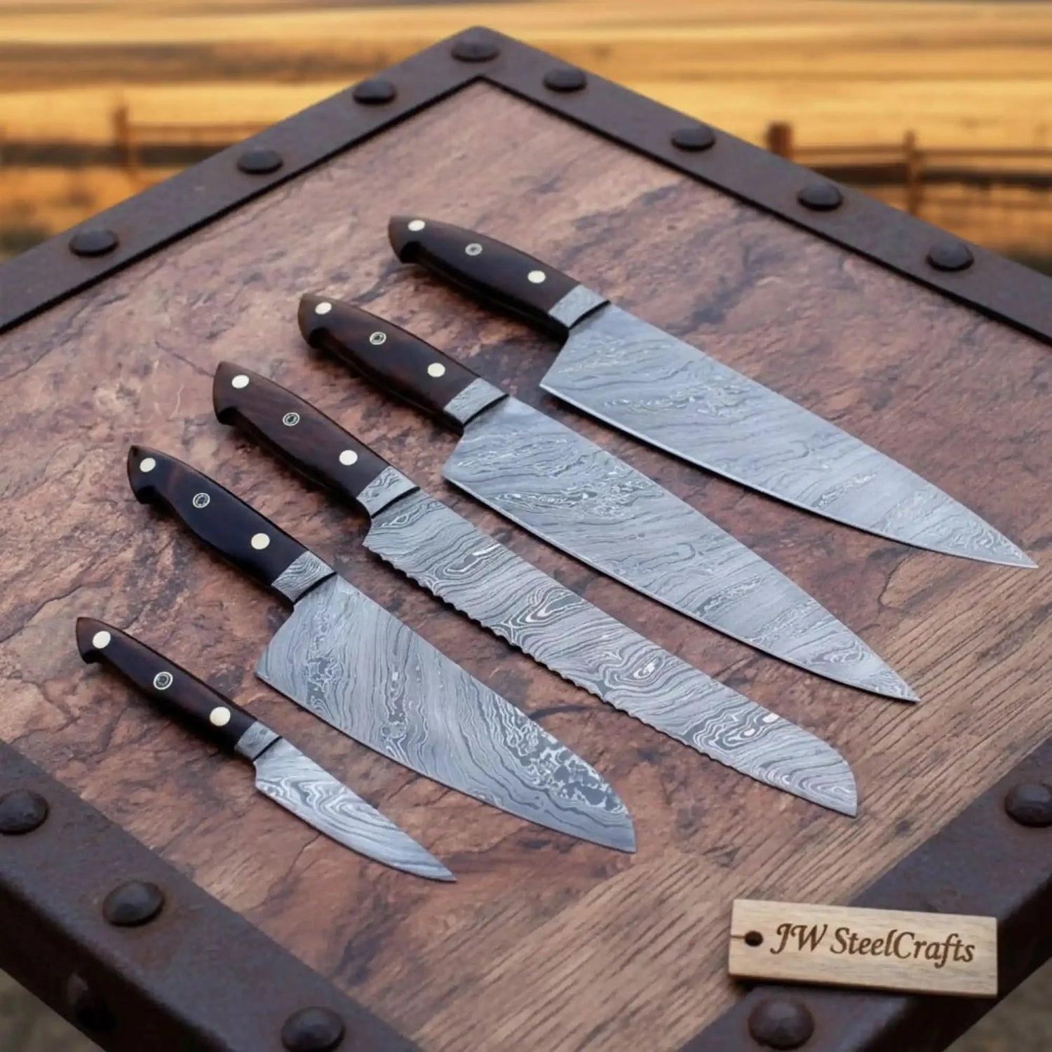 Handmade Damascus Chef Knife Set with Rosewood Handles, Full Tang Steel, Professional Kitchen Knives Collection with Chef Bread Santoku and Paring Blades