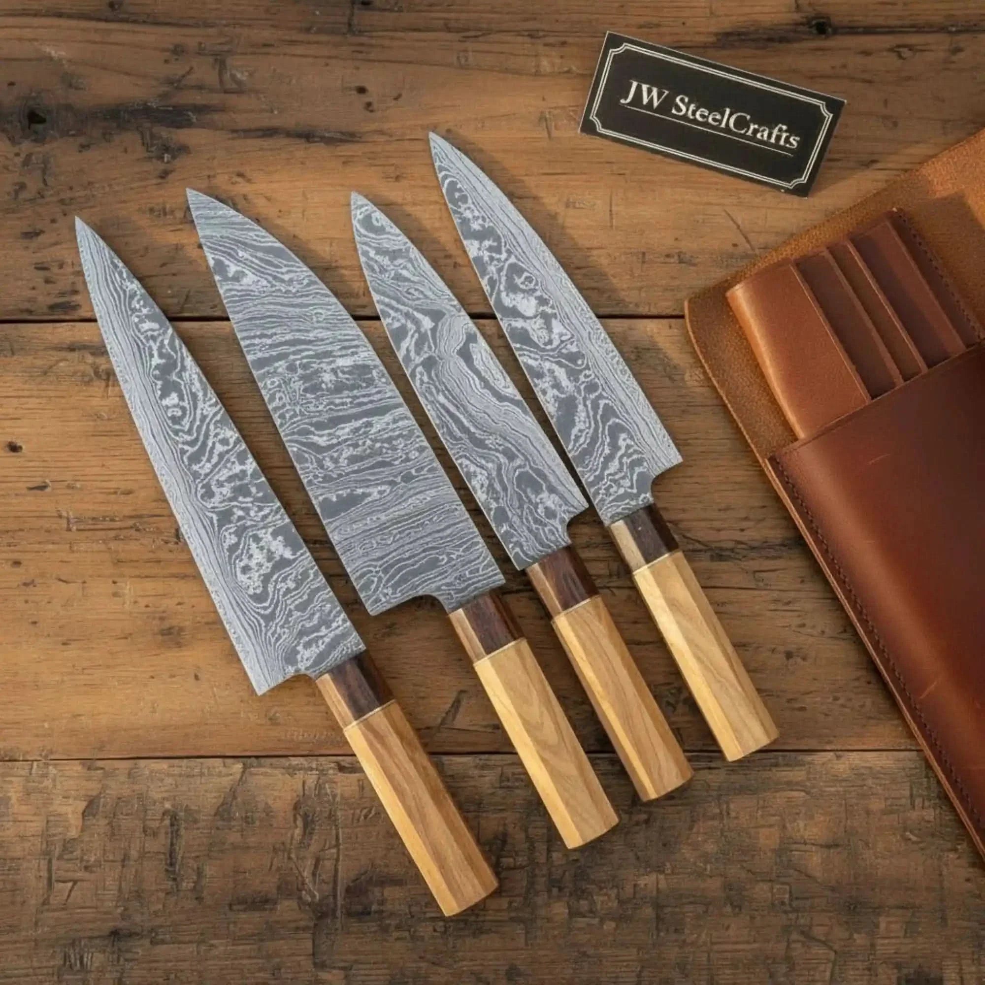Handmade Damascus Outdoor Cooking Knife Set – 4-Piece Camp Chef Knife Set with Olive &amp; Rosewood Handles