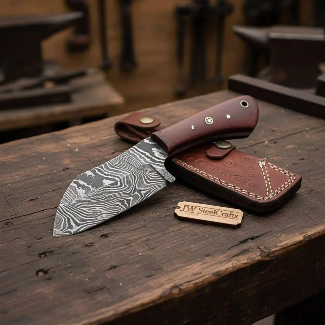 7-Inch Forged Damascus Skinner Knife — Red Micarta Handle, Full Tang &amp; Leather Sheath | JW Steel Crafts