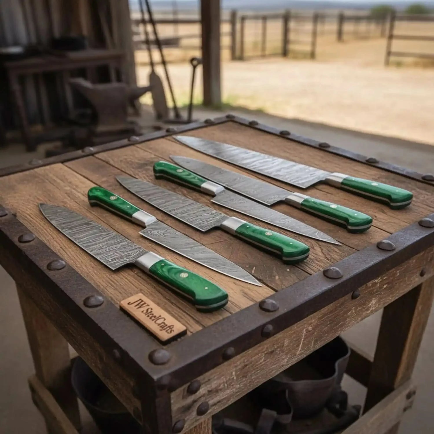 6-Piece Damascus Kitchen Knife Set with Green Wood Handle - Professional Cooking Collection