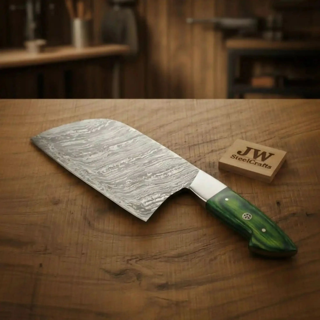 8-Inch Forged Damascus Meat Cleaver — Green Pakka Wood Handle, Steel Bolster &amp; Mosaic Pin | JW Steel Crafts