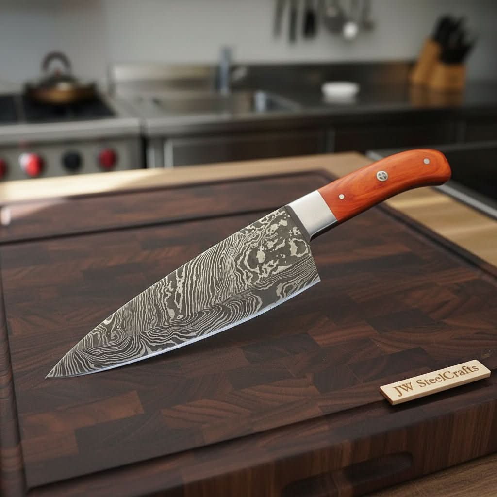 Damascus Gyuto Knife with Layered Steel Blade &amp; Orange Wood Handle for Precision Slicing