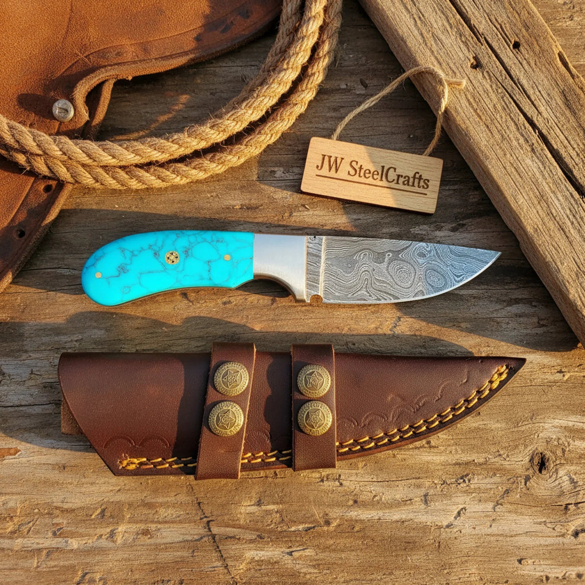 Damascus Turquoise Skinner Knife – Handmade Fixed Blade
