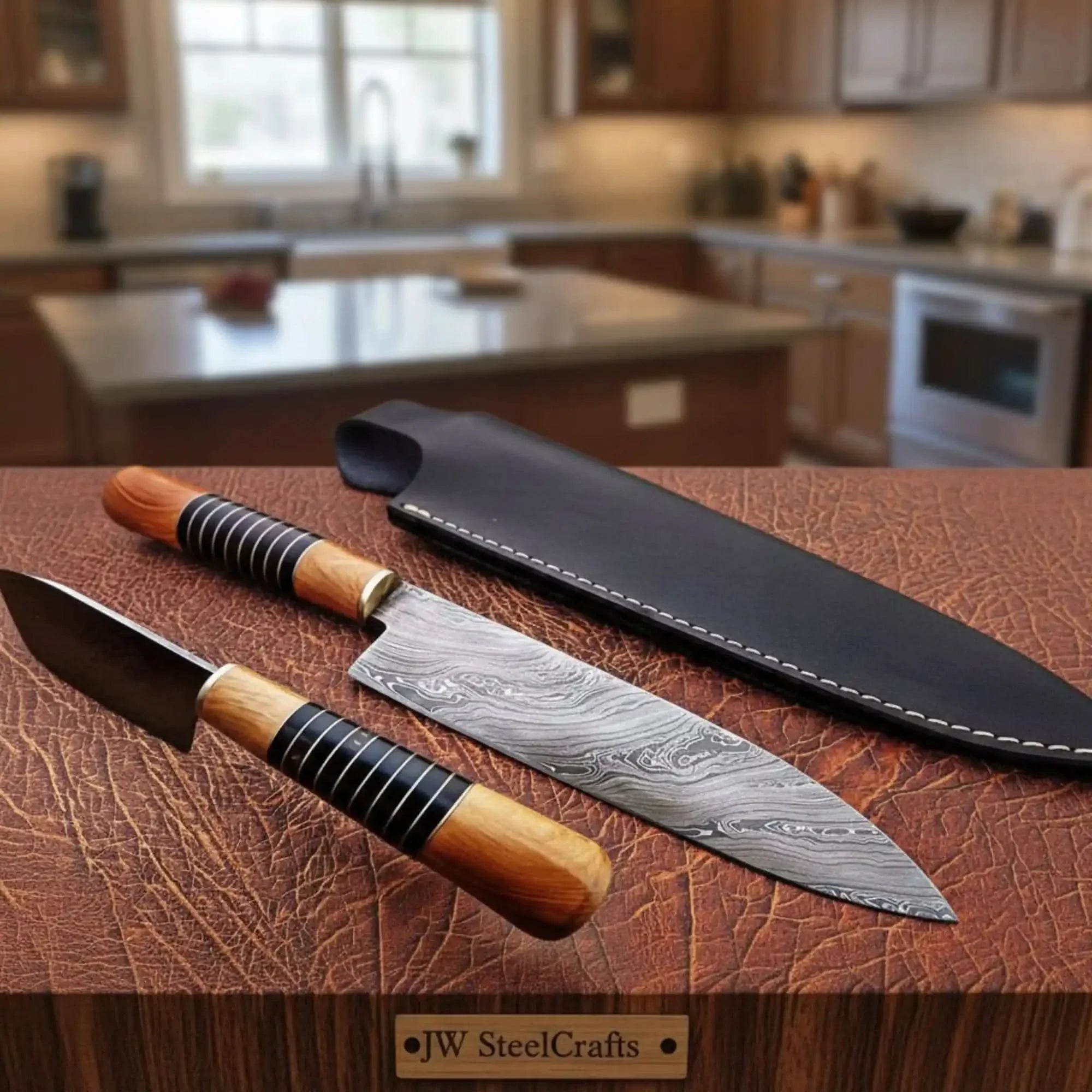 14" Damascus Chef Knife — 9" Blade, Olive Wood Handle with Black Resin Spacers &amp; Leather Sheath