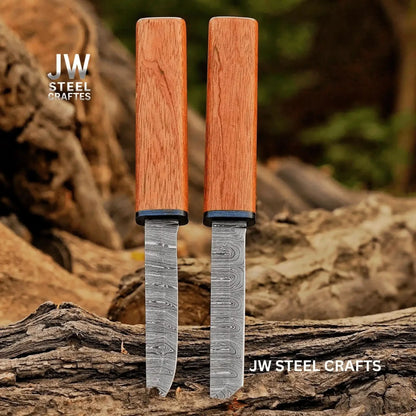 3-Piece Handmade Knife Set — 5-Inch Damascus Utility Blades with Rosewood Handles &amp; Interlocking Scabbard