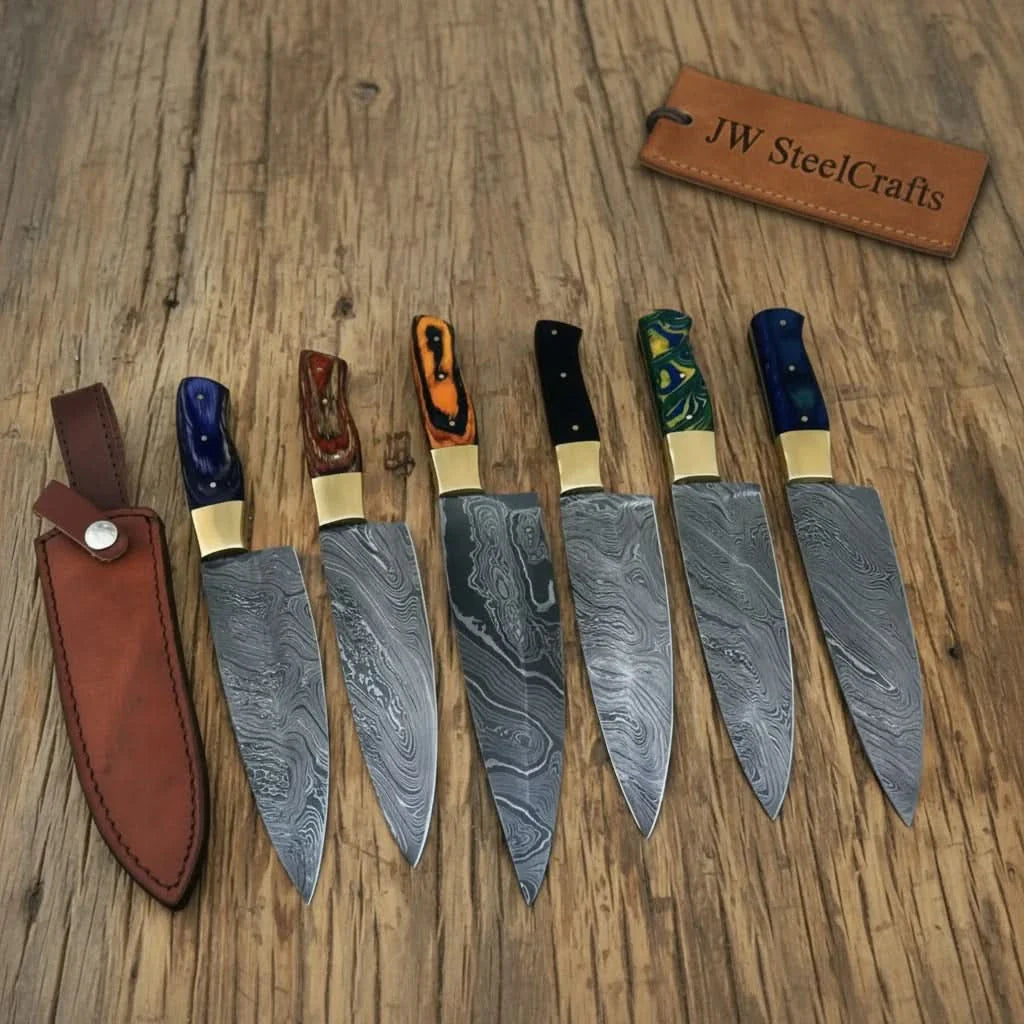 6-Piece Handmade Damascus Kitchen Knife Set – Mixed Resin Handles &amp; Brass Bolsters | 13-Inch Blades | Leather Sheaths &amp; Engraving Available