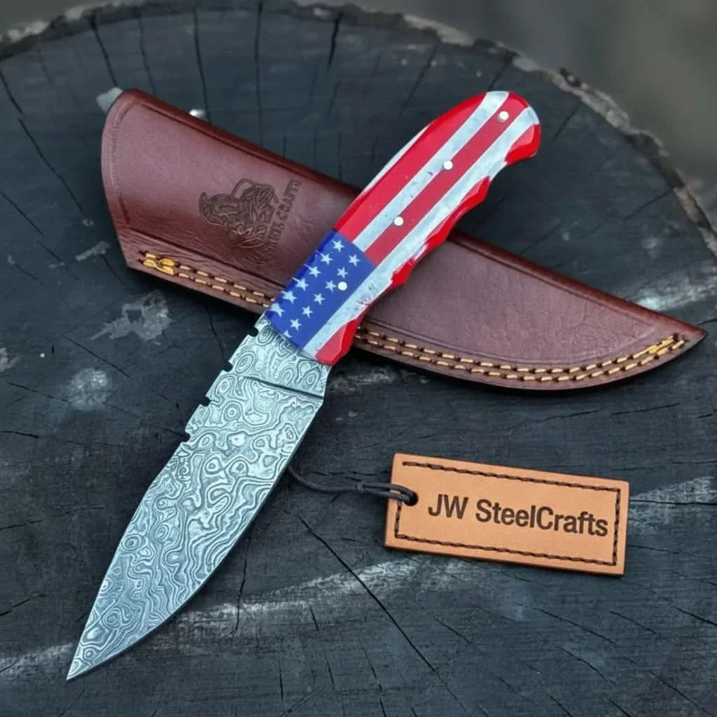 Damascus Steel USA Flag Handle Knife — 5-Inch Raindrop, &amp; Leather Sheath
